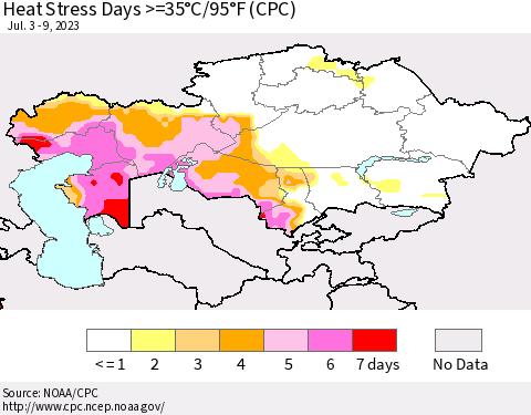 Kazakhstan Heat Stress Days >=35°C/95°F (CPC) Thematic Map For 7/3/2023 - 7/9/2023