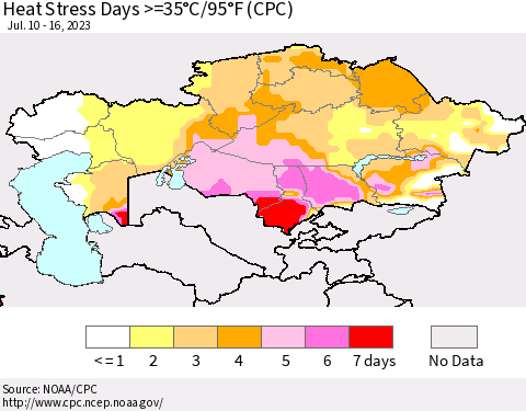 Kazakhstan Heat Stress Days >=35°C/95°F (CPC) Thematic Map For 7/10/2023 - 7/16/2023
