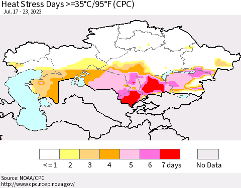 Kazakhstan Heat Stress Days >=35°C/95°F (CPC) Thematic Map For 7/17/2023 - 7/23/2023