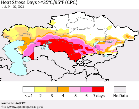 Kazakhstan Heat Stress Days >=35°C/95°F (CPC) Thematic Map For 7/24/2023 - 7/30/2023