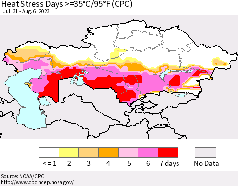 Kazakhstan Heat Stress Days >=35°C/95°F (CPC) Thematic Map For 7/31/2023 - 8/6/2023