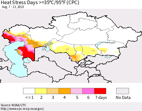 Kazakhstan Heat Stress Days >=35°C/95°F (CPC) Thematic Map For 8/7/2023 - 8/13/2023