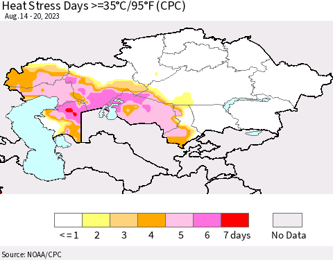 Kazakhstan Heat Stress Days >=35°C/95°F (CPC) Thematic Map For 8/14/2023 - 8/20/2023