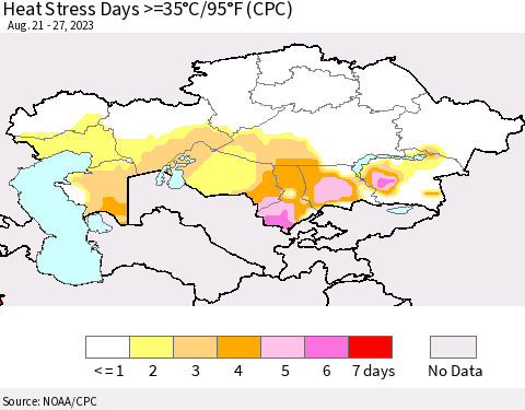 Kazakhstan Heat Stress Days >=35°C/95°F (CPC) Thematic Map For 8/21/2023 - 8/27/2023