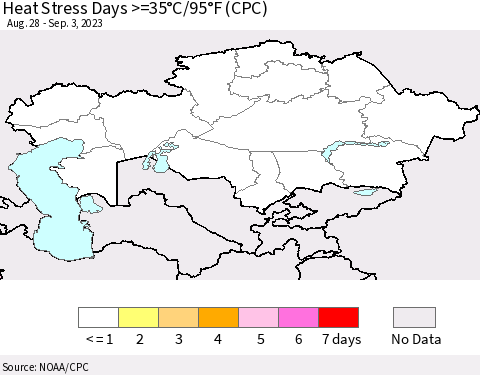 Kazakhstan Heat Stress Days >=35°C/95°F (CPC) Thematic Map For 8/28/2023 - 9/3/2023