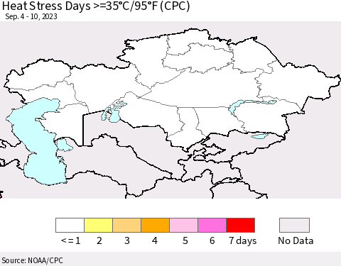 Kazakhstan Heat Stress Days >=35°C/95°F (CPC) Thematic Map For 9/4/2023 - 9/10/2023