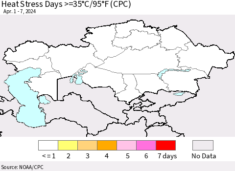 Kazakhstan Heat Stress Days >=35°C/95°F (CPC) Thematic Map For 4/1/2024 - 4/7/2024
