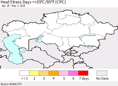 Kazakhstan Heat Stress Days >=35°C/95°F (CPC) Thematic Map For 4/29/2024 - 5/5/2024