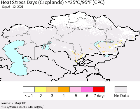 Kazakhstan Heat Stress Days (Croplands) >=35°C/95°F (CPC) Thematic Map For 9/6/2021 - 9/12/2021