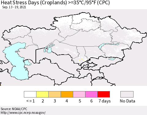 Kazakhstan Heat Stress Days (Croplands) >=35°C/95°F (CPC) Thematic Map For 9/13/2021 - 9/19/2021