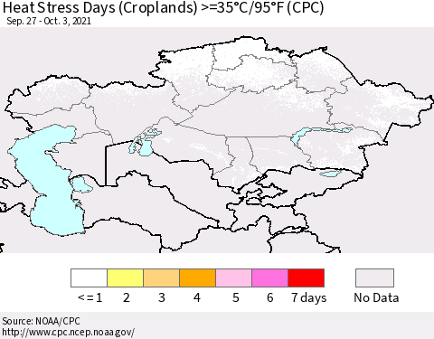 Kazakhstan Heat Stress Days (Croplands) >=35°C/95°F (CPC) Thematic Map For 9/27/2021 - 10/3/2021