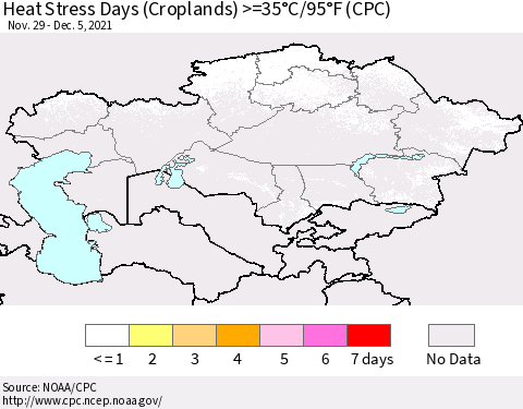 Kazakhstan Heat Stress Days (Croplands) >=35°C/95°F (CPC) Thematic Map For 11/29/2021 - 12/5/2021