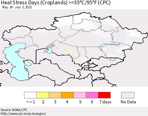 Kazakhstan Heat Stress Days (Croplands) >=35°C/95°F (CPC) Thematic Map For 5/30/2022 - 6/5/2022