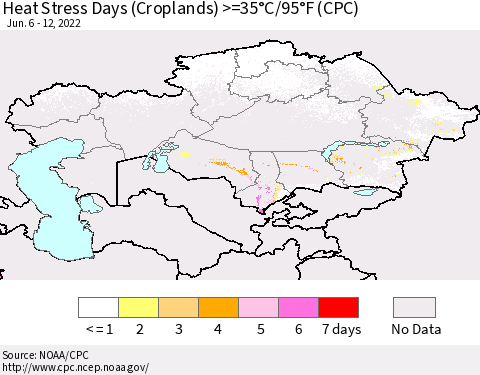 Kazakhstan Heat Stress Days (Croplands) >=35°C/95°F (CPC) Thematic Map For 6/6/2022 - 6/12/2022