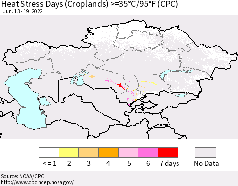 Kazakhstan Heat Stress Days (Croplands) >=35°C/95°F (CPC) Thematic Map For 6/13/2022 - 6/19/2022