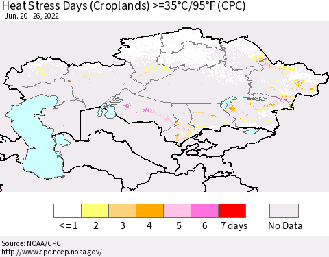 Kazakhstan Heat Stress Days (Croplands) >=35°C/95°F (CPC) Thematic Map For 6/20/2022 - 6/26/2022