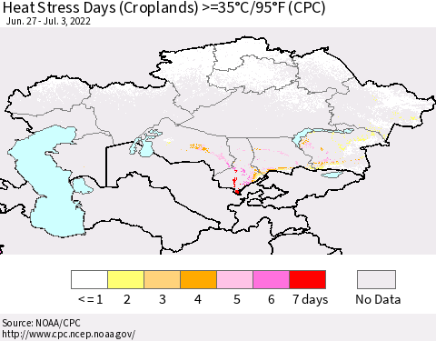Kazakhstan Heat Stress Days (Croplands) >=35°C/95°F (CPC) Thematic Map For 6/27/2022 - 7/3/2022