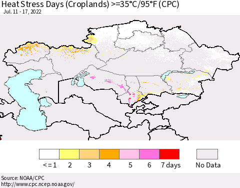 Kazakhstan Heat Stress Days (Croplands) >=35°C/95°F (CPC) Thematic Map For 7/11/2022 - 7/17/2022