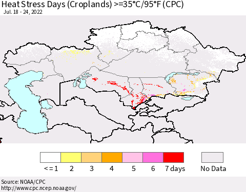 Kazakhstan Heat Stress Days (Croplands) >=35°C/95°F (CPC) Thematic Map For 7/18/2022 - 7/24/2022