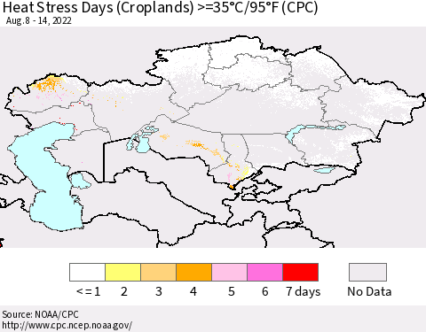 Kazakhstan Heat Stress Days (Croplands) >=35°C/95°F (CPC) Thematic Map For 8/8/2022 - 8/14/2022
