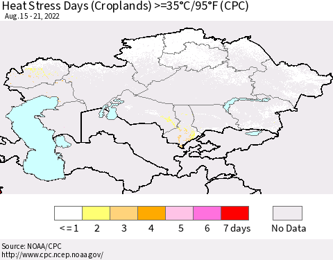 Kazakhstan Heat Stress Days (Croplands) >=35°C/95°F (CPC) Thematic Map For 8/15/2022 - 8/21/2022