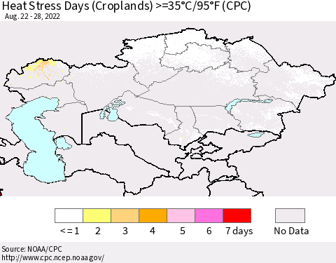 Kazakhstan Heat Stress Days (Croplands) >=35°C/95°F (CPC) Thematic Map For 8/22/2022 - 8/28/2022