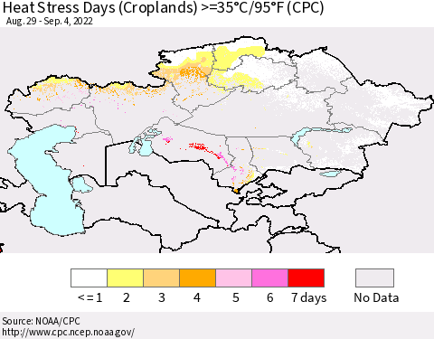 Kazakhstan Heat Stress Days (Croplands) >=35°C/95°F (CPC) Thematic Map For 8/29/2022 - 9/4/2022