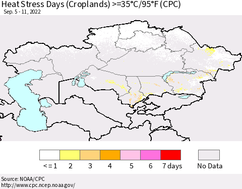 Kazakhstan Heat Stress Days (Croplands) >=35°C/95°F (CPC) Thematic Map For 9/5/2022 - 9/11/2022
