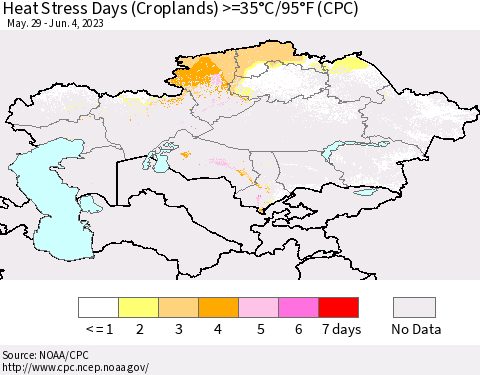 Kazakhstan Heat Stress Days (Croplands) >=35°C/95°F (CPC) Thematic Map For 5/29/2023 - 6/4/2023
