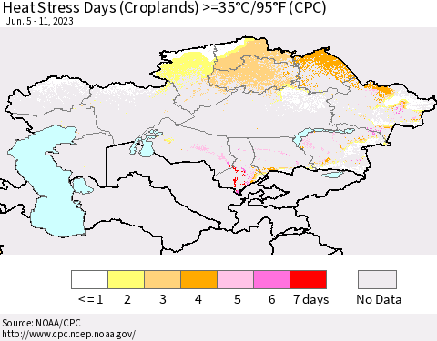 Kazakhstan Heat Stress Days (Croplands) >=35°C/95°F (CPC) Thematic Map For 6/5/2023 - 6/11/2023