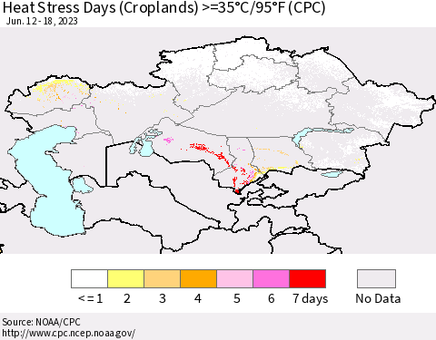Kazakhstan Heat Stress Days (Croplands) >=35°C/95°F (CPC) Thematic Map For 6/12/2023 - 6/18/2023