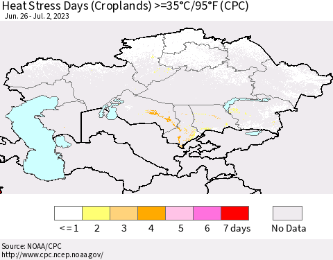 Kazakhstan Heat Stress Days (Croplands) >=35°C/95°F (CPC) Thematic Map For 6/26/2023 - 7/2/2023