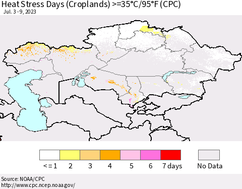 Kazakhstan Heat Stress Days (Croplands) >=35°C/95°F (CPC) Thematic Map For 7/3/2023 - 7/9/2023