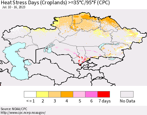 Kazakhstan Heat Stress Days (Croplands) >=35°C/95°F (CPC) Thematic Map For 7/10/2023 - 7/16/2023