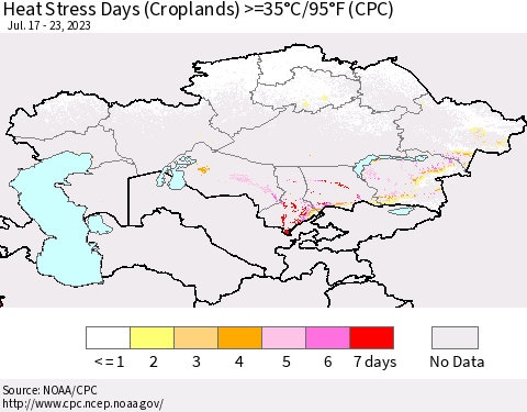 Kazakhstan Heat Stress Days (Croplands) >=35°C/95°F (CPC) Thematic Map For 7/17/2023 - 7/23/2023