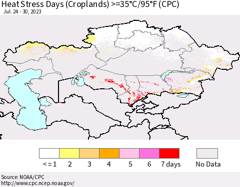 Kazakhstan Heat Stress Days (Croplands) >=35°C/95°F (CPC) Thematic Map For 7/24/2023 - 7/30/2023