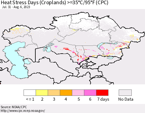 Kazakhstan Heat Stress Days (Croplands) >=35°C/95°F (CPC) Thematic Map For 7/31/2023 - 8/6/2023