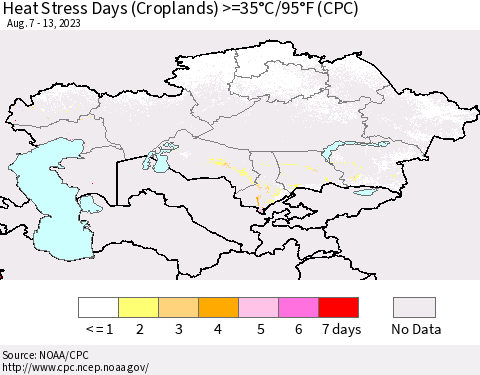 Kazakhstan Heat Stress Days (Croplands) >=35°C/95°F (CPC) Thematic Map For 8/7/2023 - 8/13/2023