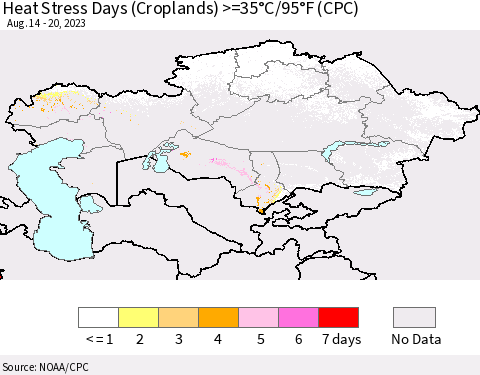 Kazakhstan Heat Stress Days (Croplands) >=35°C/95°F (CPC) Thematic Map For 8/14/2023 - 8/20/2023