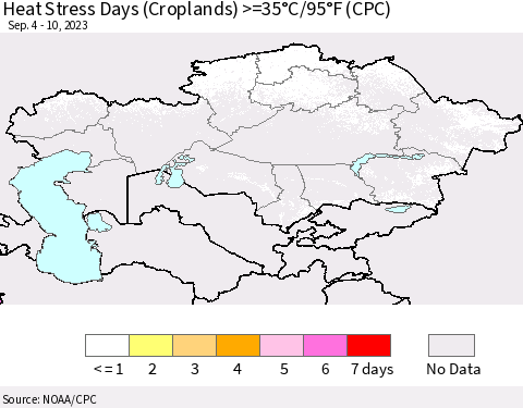 Kazakhstan Heat Stress Days (Croplands) >=35°C/95°F (CPC) Thematic Map For 9/4/2023 - 9/10/2023