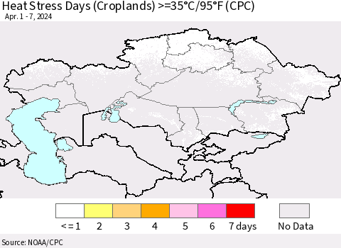 Kazakhstan Heat Stress Days (Croplands) >=35°C/95°F (CPC) Thematic Map For 4/1/2024 - 4/7/2024
