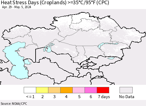 Kazakhstan Heat Stress Days (Croplands) >=35°C/95°F (CPC) Thematic Map For 4/29/2024 - 5/5/2024