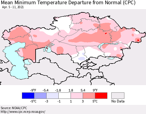 Kazakhstan Mean Minimum Temperature Departure from Normal (CPC) Thematic Map For 4/5/2021 - 4/11/2021
