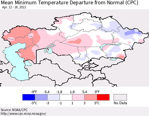 Kazakhstan Mean Minimum Temperature Departure from Normal (CPC) Thematic Map For 4/12/2021 - 4/18/2021
