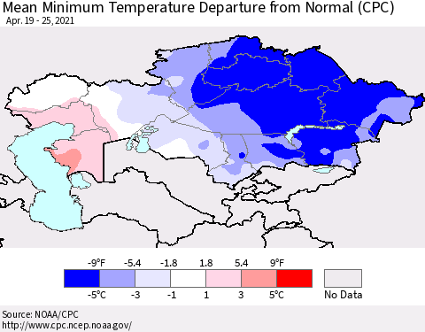 Kazakhstan Mean Minimum Temperature Departure from Normal (CPC) Thematic Map For 4/19/2021 - 4/25/2021