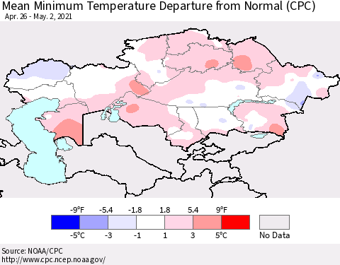 Kazakhstan Mean Minimum Temperature Departure from Normal (CPC) Thematic Map For 4/26/2021 - 5/2/2021