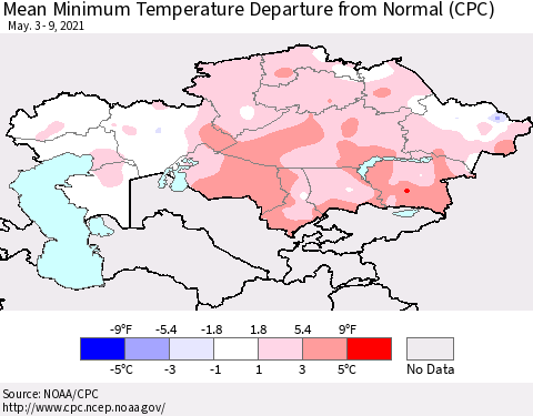 Kazakhstan Mean Minimum Temperature Departure from Normal (CPC) Thematic Map For 5/3/2021 - 5/9/2021