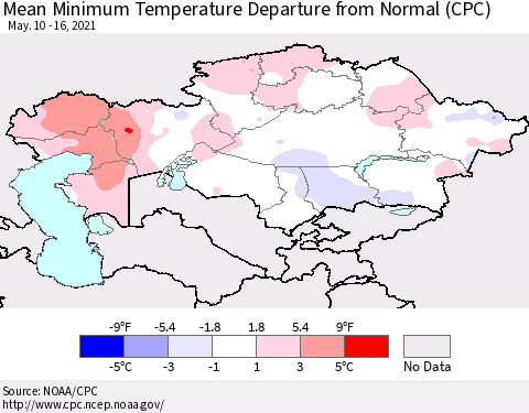 Kazakhstan Mean Minimum Temperature Departure from Normal (CPC) Thematic Map For 5/10/2021 - 5/16/2021