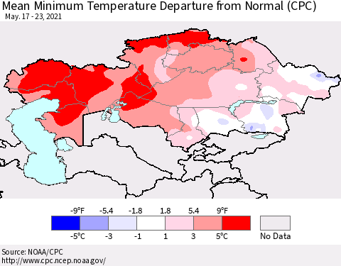 Kazakhstan Mean Minimum Temperature Departure from Normal (CPC) Thematic Map For 5/17/2021 - 5/23/2021