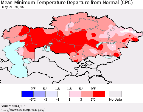 Kazakhstan Mean Minimum Temperature Departure from Normal (CPC) Thematic Map For 5/24/2021 - 5/30/2021